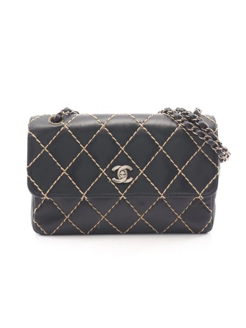 Chanel Shoulder Bag Wild Stitch Black Beige Lambskin Chain